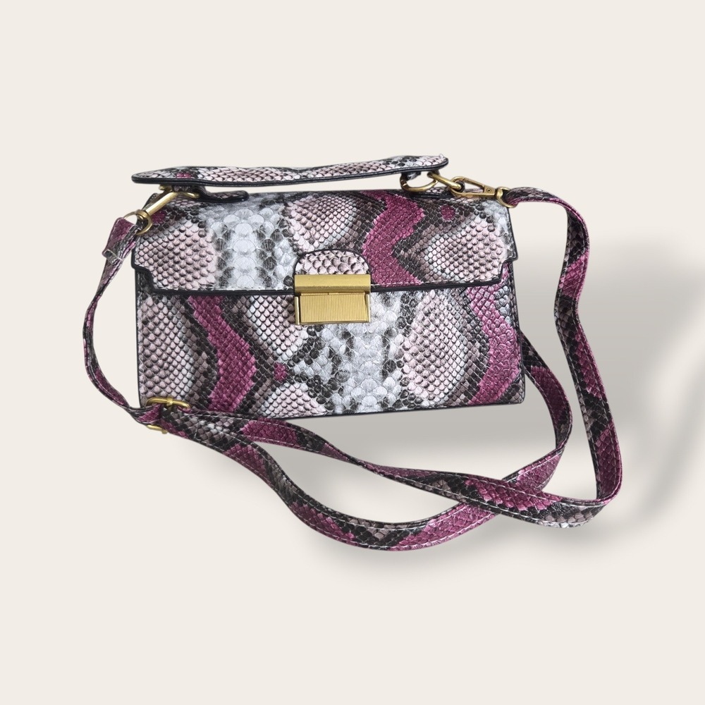 Snakeskin Print Crossbody Bag Purple Grey Faux Leather Gold Hardware Satchel - Picture 3 of 10